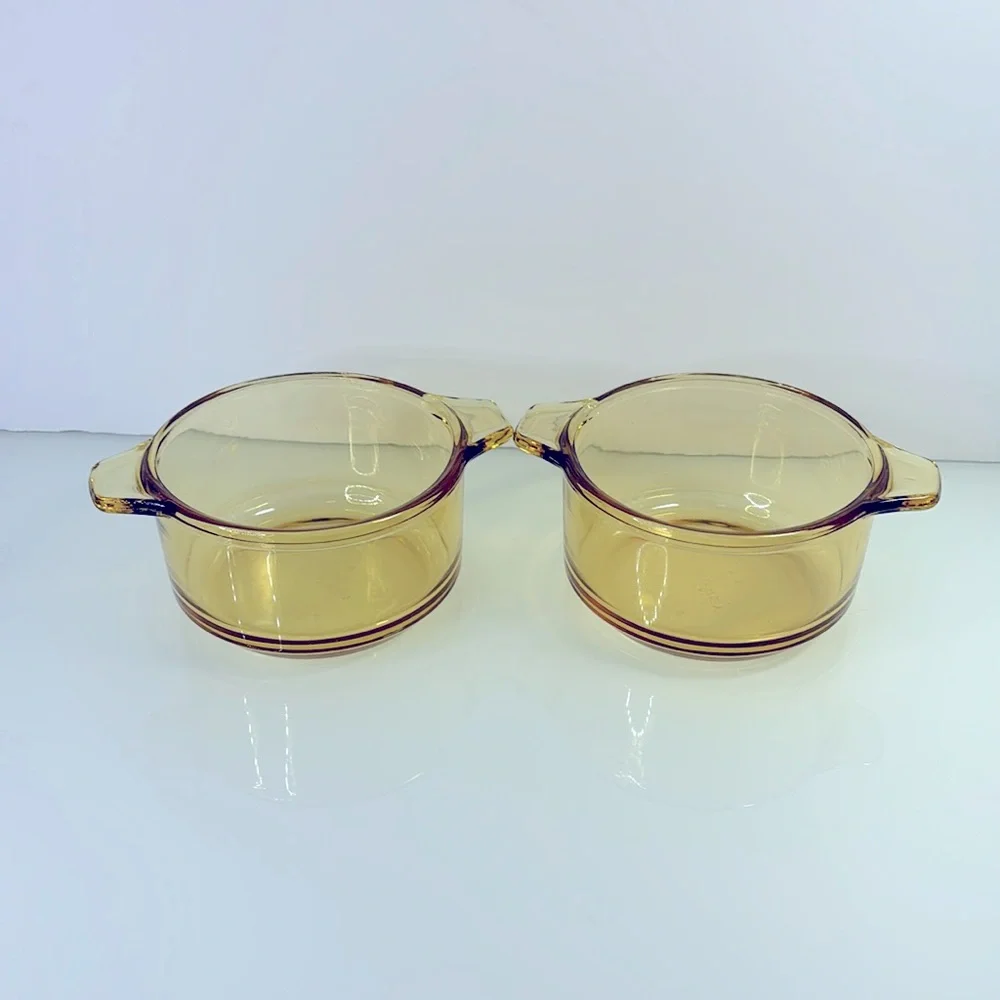 Vintage 1960’s Pyr-o-Rey Dynaware Amber Glass Casserole Dish Bowls 4.5” lot of 2